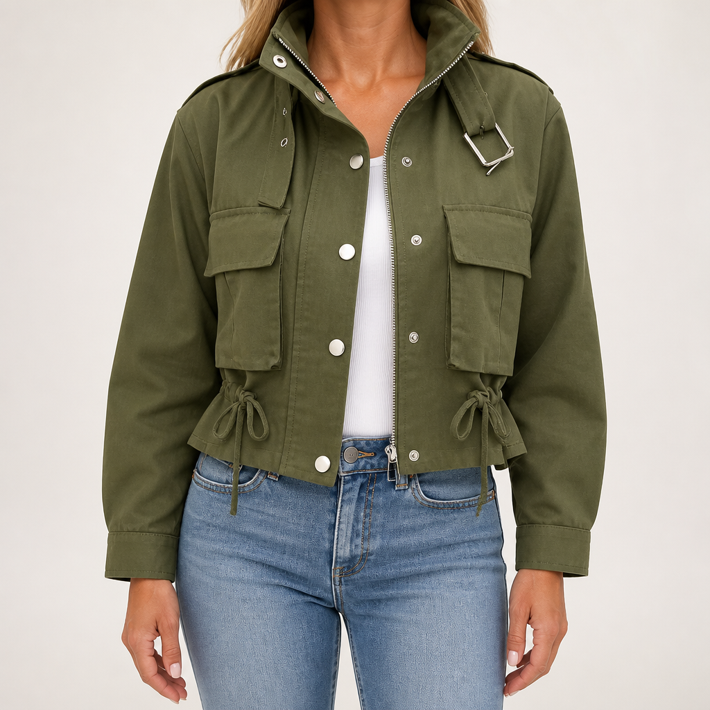 Elowen | Womens Winter Drawstring Short Casual Workwear Jacket, Army Green
