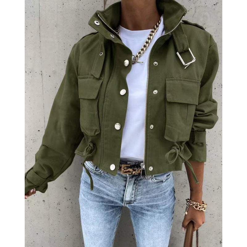 Elowen | Womens Winter Drawstring Short Casual Workwear Jacket - Army Green
