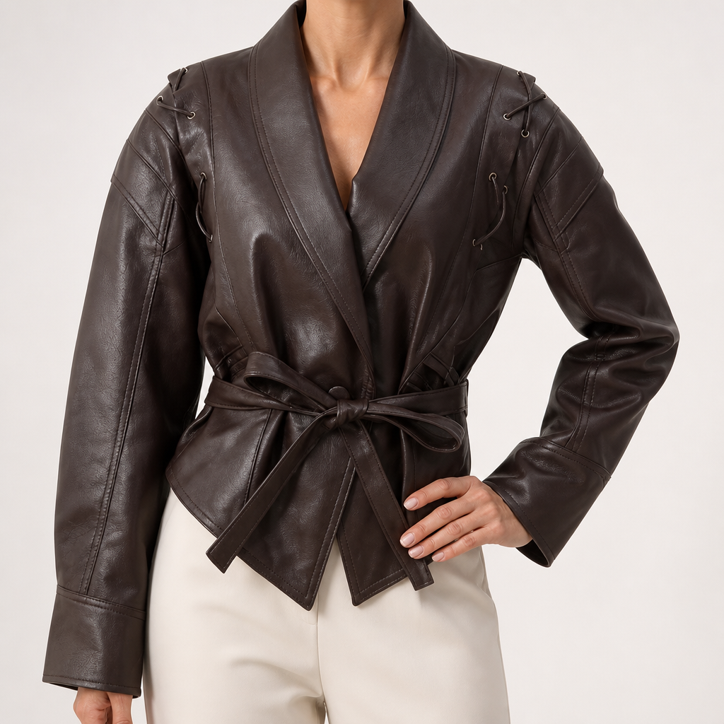 Elowen | Womens Leather Jacket Biker Moto Lapel Jacket, Brown