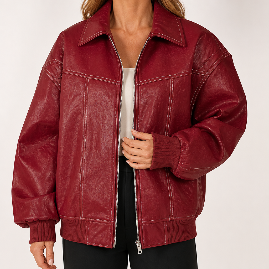 Elowen | Womens Leather Jacket Biker Moto Lapel Jacket, Dark Red