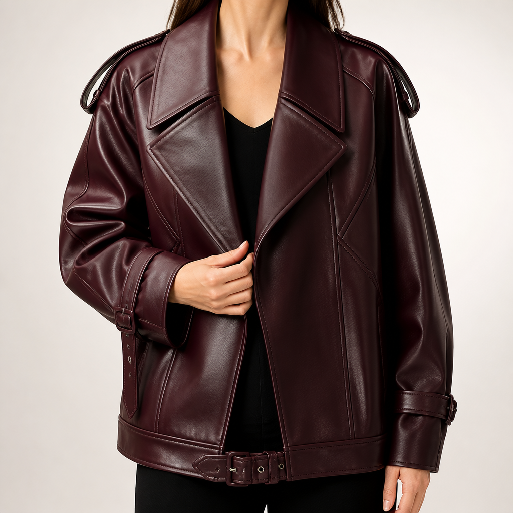 Elowen | Womens Leather Jacket Biker Moto Lapel Jacket, Red