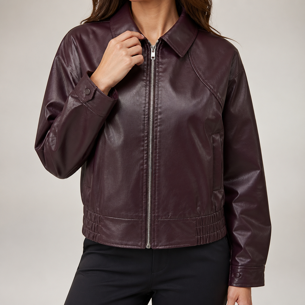 Elowen | Womens Leather Jacket Biker Moto Lapel Jacket, Red Wine
