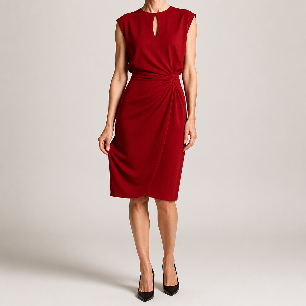 Elowen | Womens Sleeveless Cut Out Knot Midi Classy Wedding Guest Dresses, Red