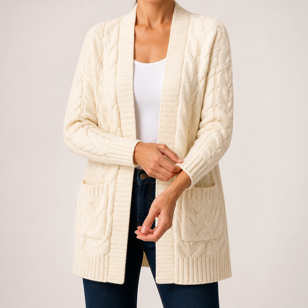 Emmett | Womens Cardigan Knitted Cable Twist Open Front Sweater, Beige White