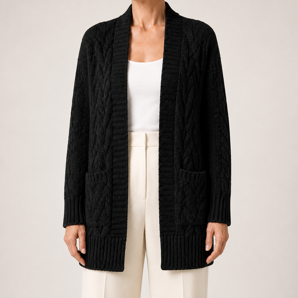 Emmett | Womens Cardigan Knitted Cable Twist Open Front Sweater, Black