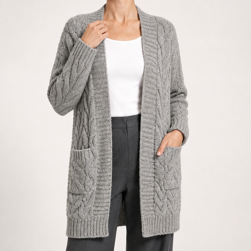 Emmett | Womens Cardigan Knitted Cable Twist Open Front Sweater, Grey