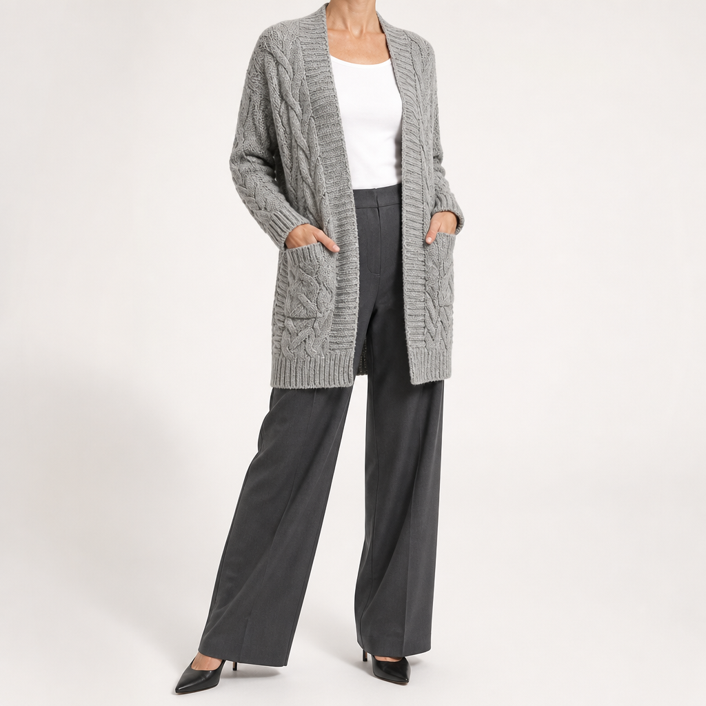 Emmett | Womens Cardigan Knitted Cable Twist Open Front Sweater, Grey