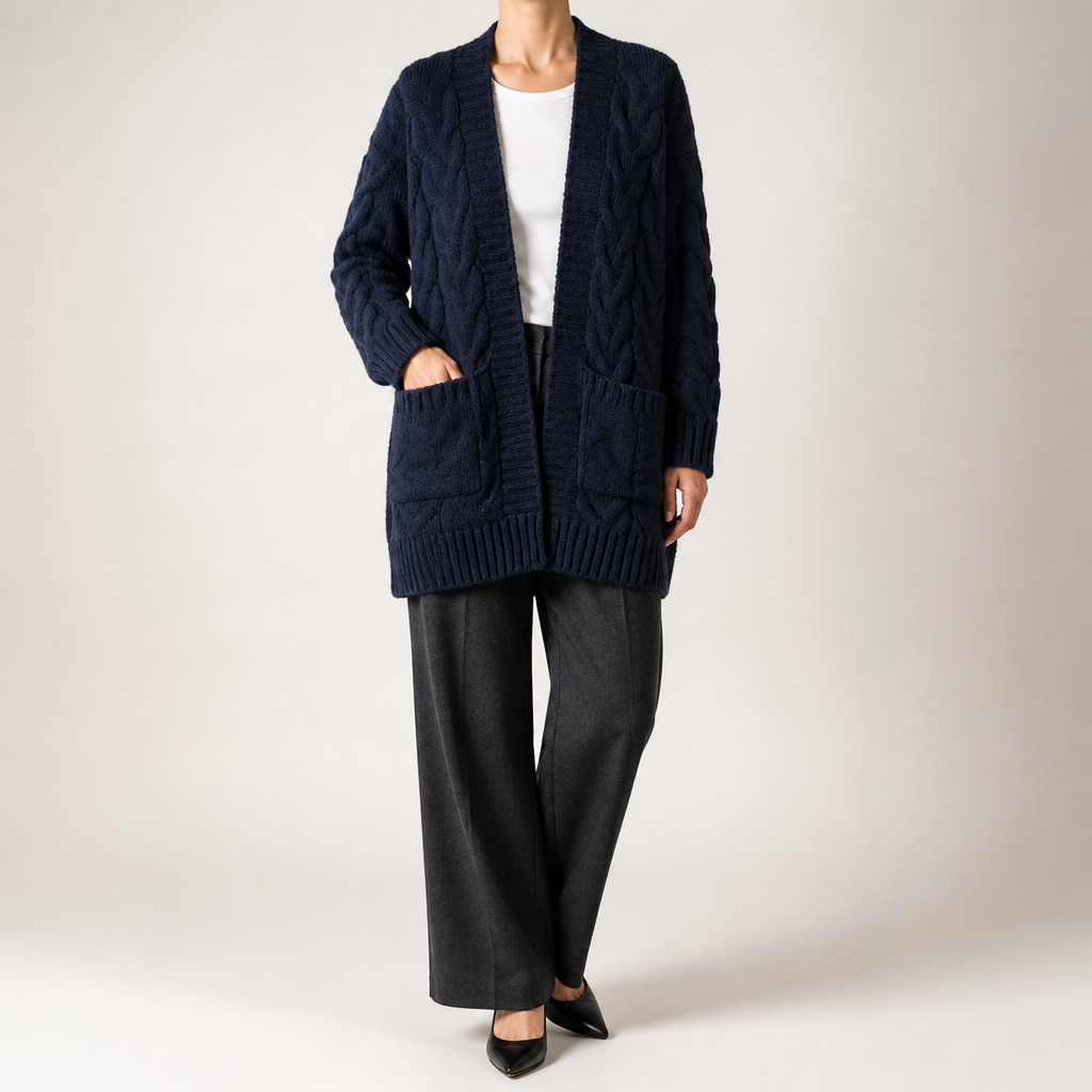 Emmett | Womens Cardigan Knitted Cable Twist Open Front Sweater, Navy