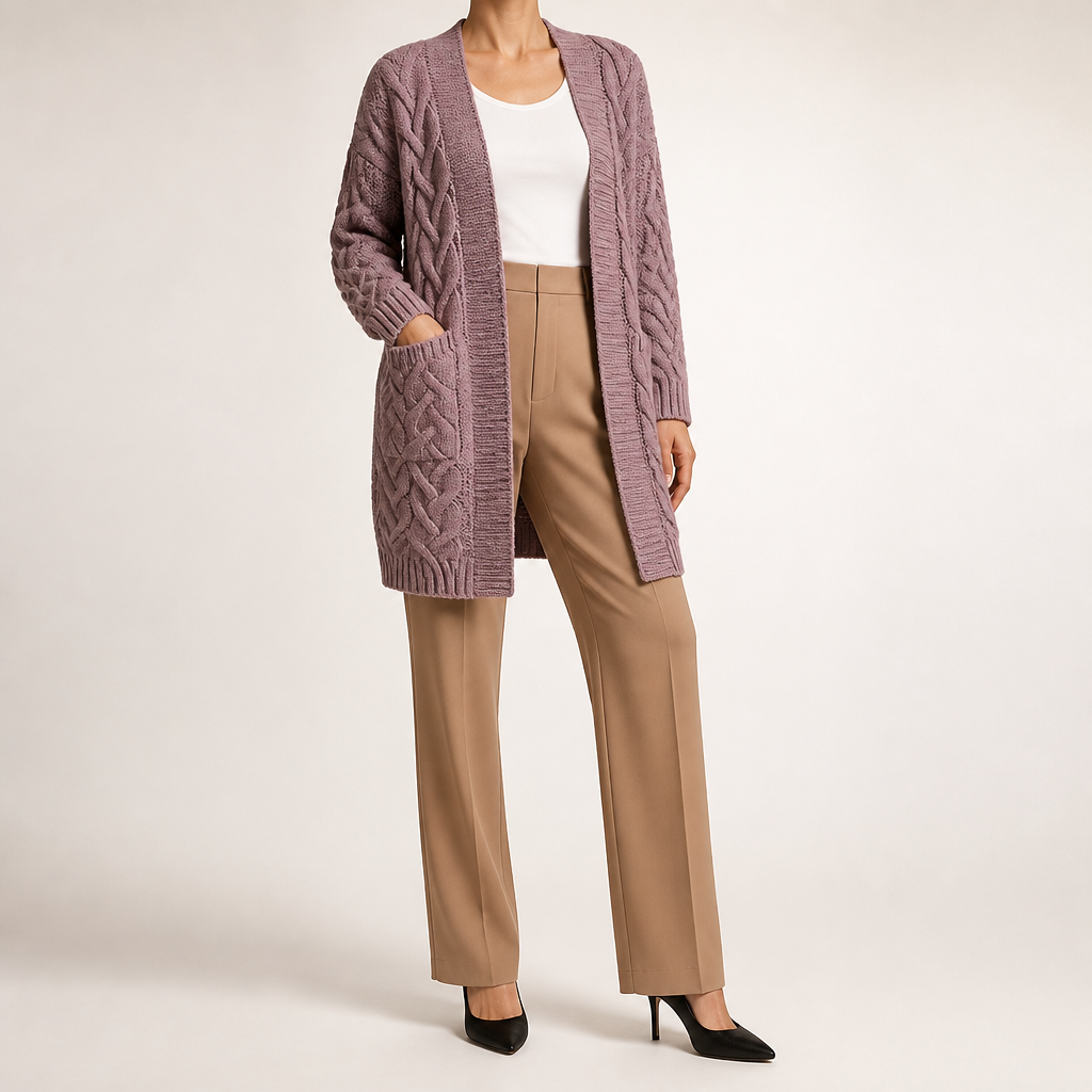 Emmett | Womens Cardigan Knitted Cable Twist Open Front Sweater, Purple