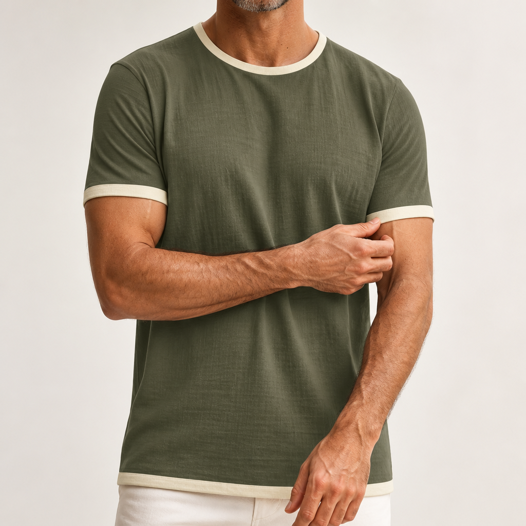 Emory | Mens Cotton Linen Short Sleeve Round Neck T Shirt, Army Green
