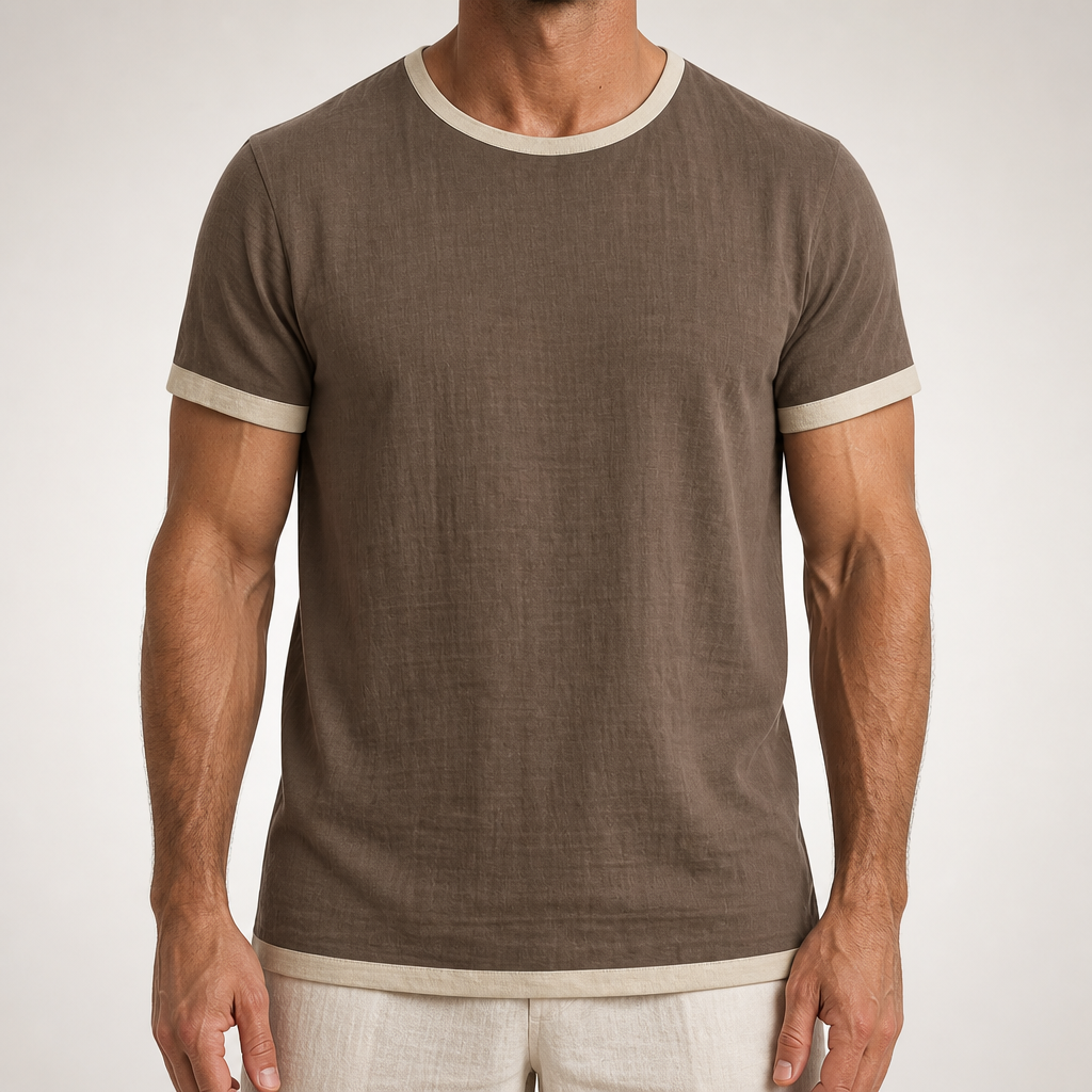 Emory | Mens Cotton Linen Short Sleeve Round Neck T Shirt, Brown