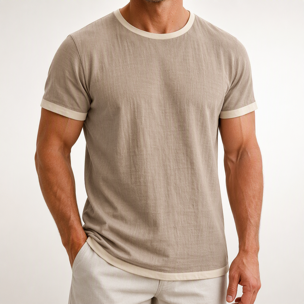 Emory | Mens Cotton Linen Short Sleeve Round Neck T Shirt, Khaki