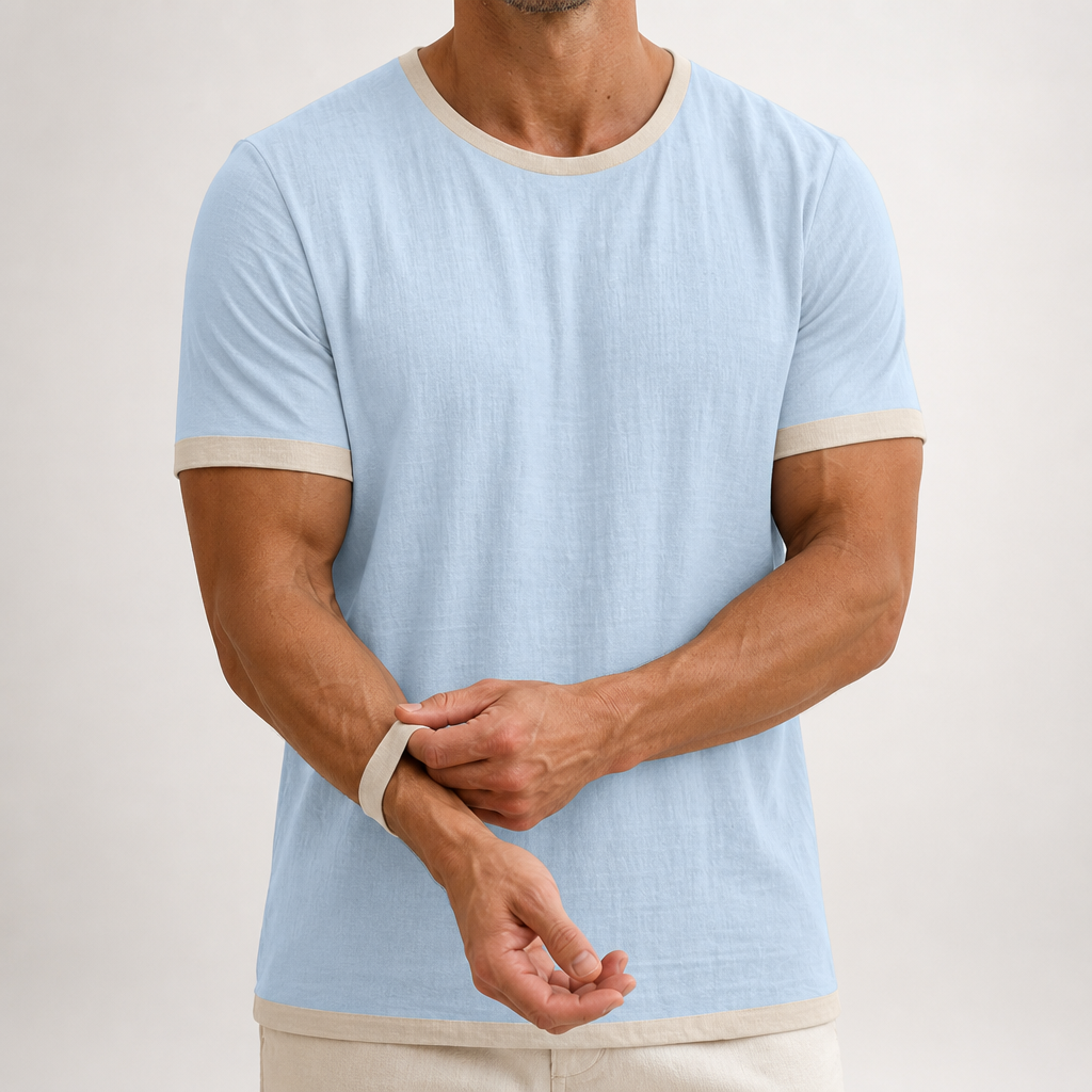 Emory | Mens Cotton Linen Short Sleeve Round Neck T Shirt, Light Blue