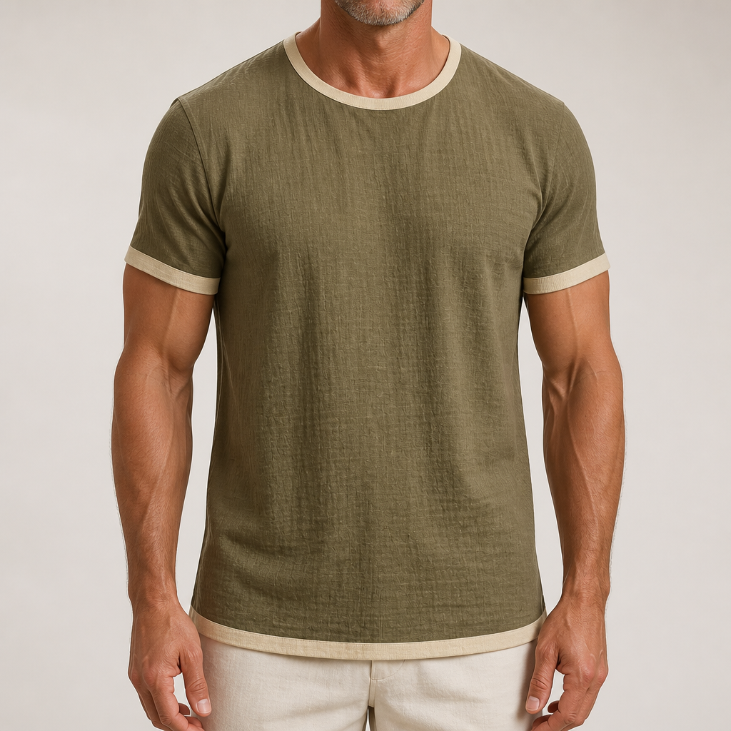 Emory | Mens Cotton Linen Short Sleeve Round Neck T Shirt, Olive