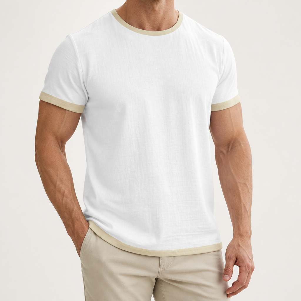 Emory | Mens Cotton Linen Short Sleeve Round Neck T Shirt, White