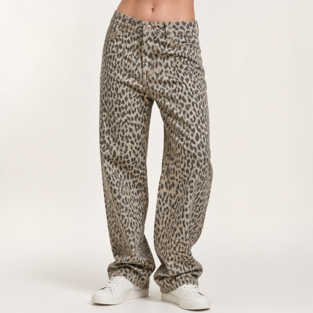 Esmee | Womens Wide Leg Jeans High Waisted Leopard Print Straight Leg Denim, Khaki