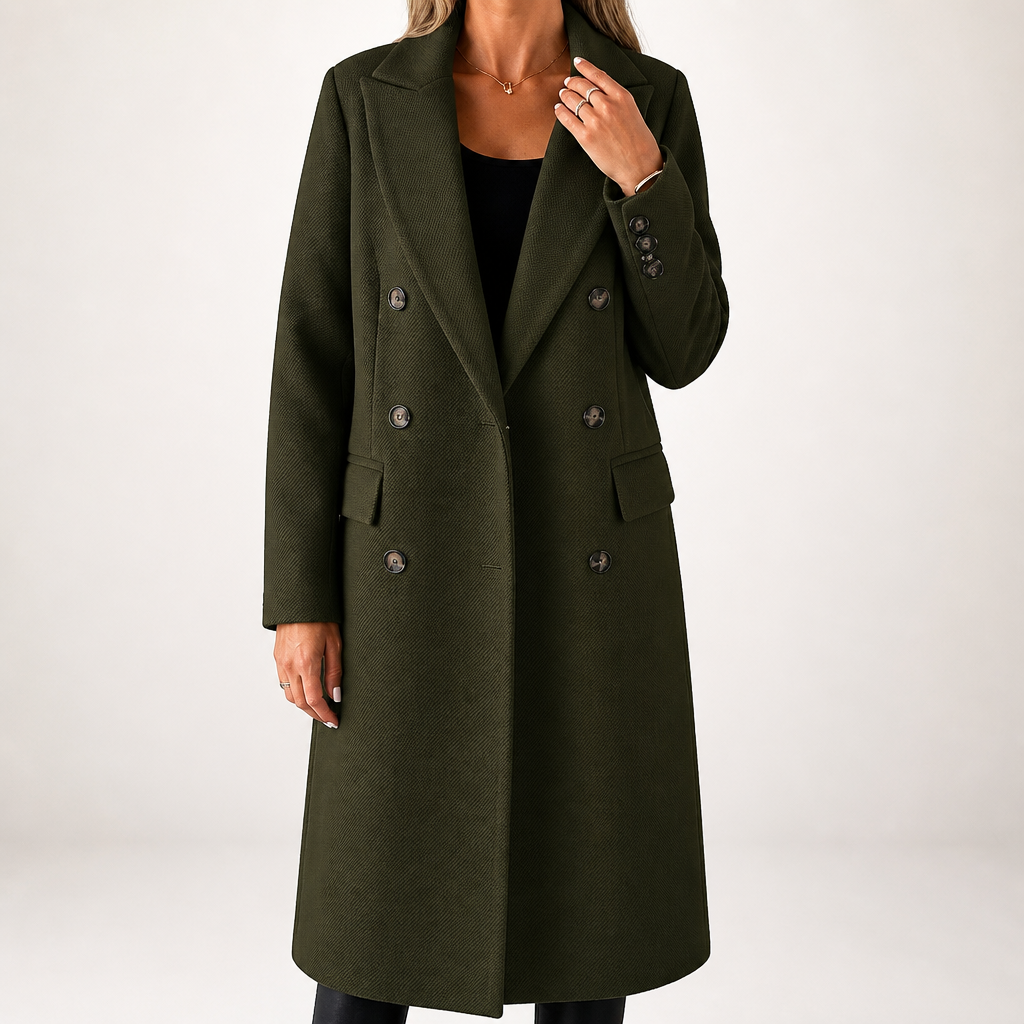 Estelle | Womens Wool Coat Double Breasted Winter Longline Outerwear, Army Green