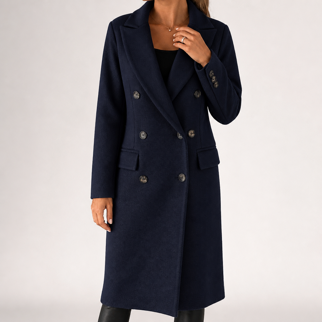 Estelle | Womens Wool Coat Double Breasted Winter Longline Outerwear, Dark Blue