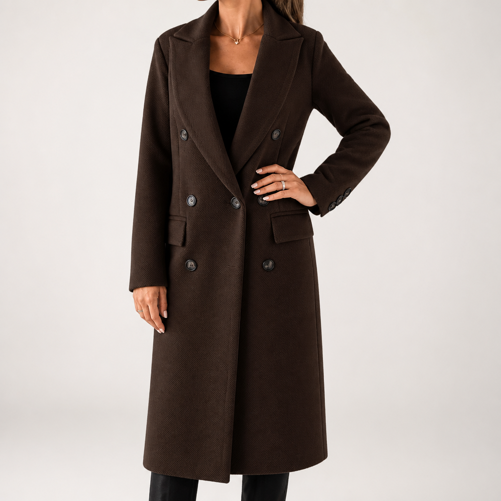 Estelle | Womens Wool Coat Double Breasted Winter Longline Outerwear, Dark Brown