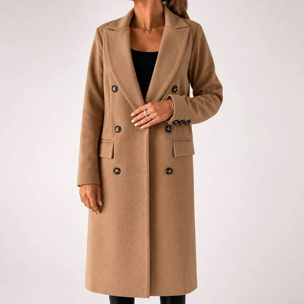 Estelle | Womens Wool Coat Double Breasted Winter Longline Outerwear, Khaki