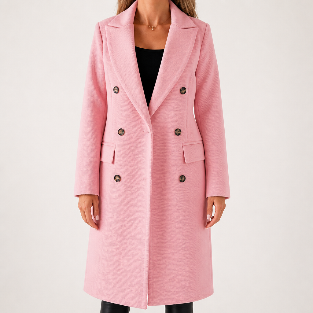Estelle | Womens Wool Coat Double Breasted Winter Longline Outerwear, Pink