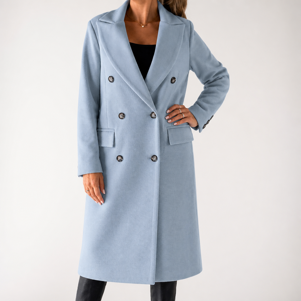 Estelle | Womens Wool Coat Double Breasted Winter Longline Outerwear, Sky Blue