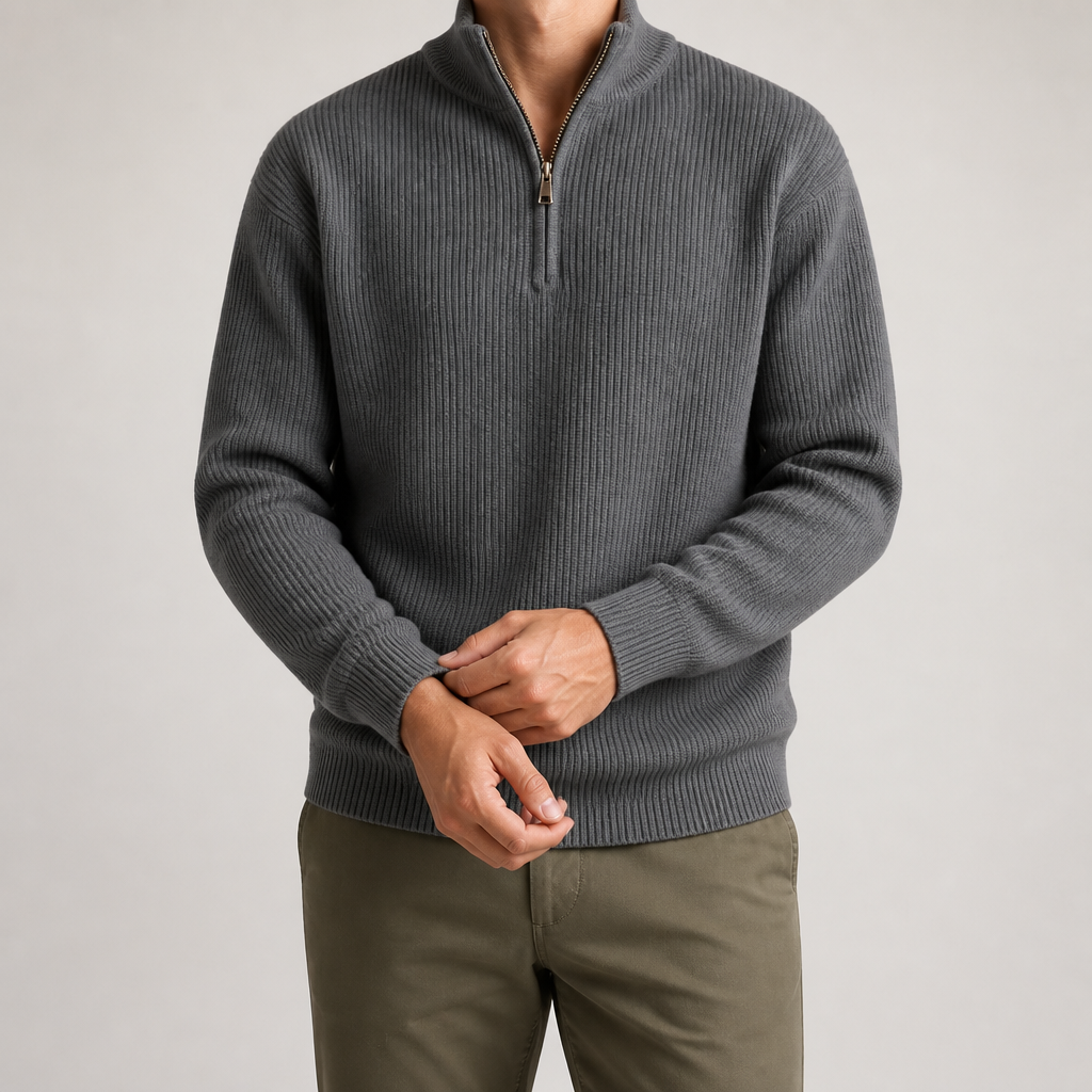 Evander | Mens Knitted Wool Half Zip Long Sleeve Jumper, Grey