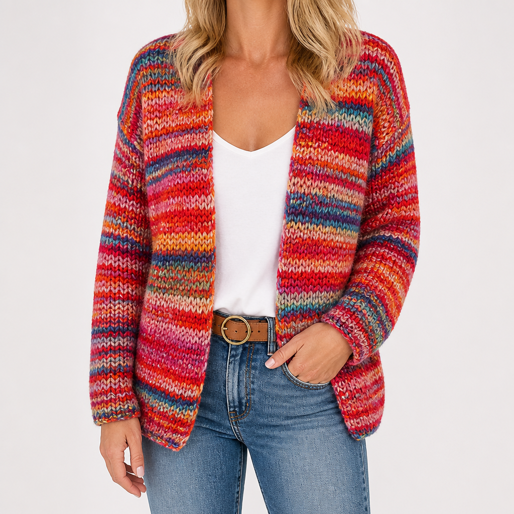 Evangeline | Womens Print Knit Loose Long Sleeve Colourful Cardigan, Red