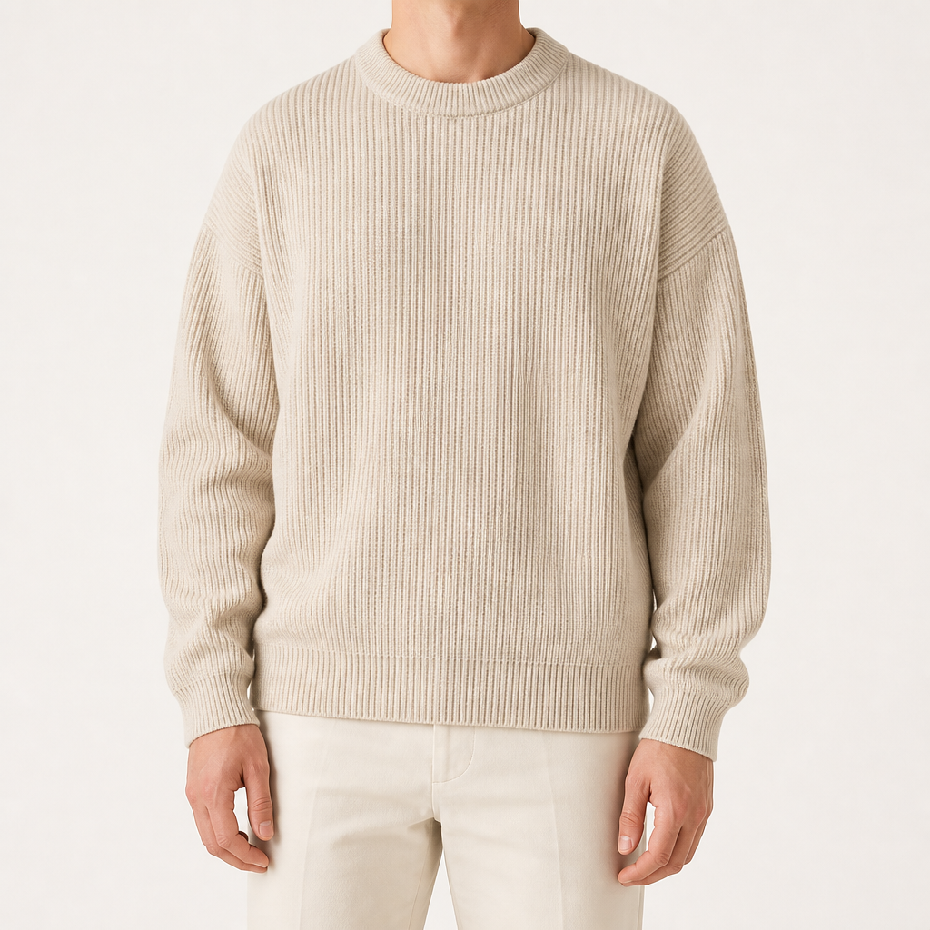 Everett | Mens Heavy Rib Knitted Loose Fit Jumper Sweater, Apricot