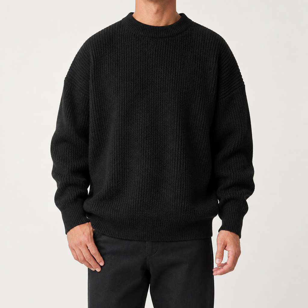 Everett | Mens Heavy Rib Knitted Loose Fit Jumper Sweater, Black