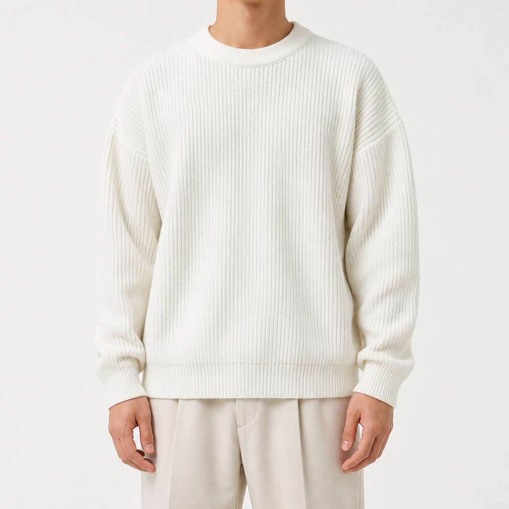 Everett | Mens Heavy Rib Knitted Loose Fit Jumper Sweater, White