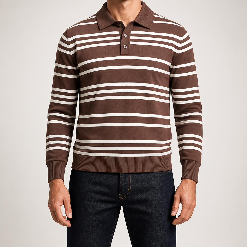 Everett | Mens Striped Polo Knitted Jumper, Coffee