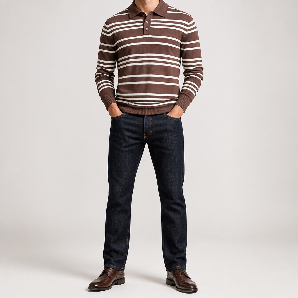Everett | Mens Striped Polo Knitted Jumper, Coffee