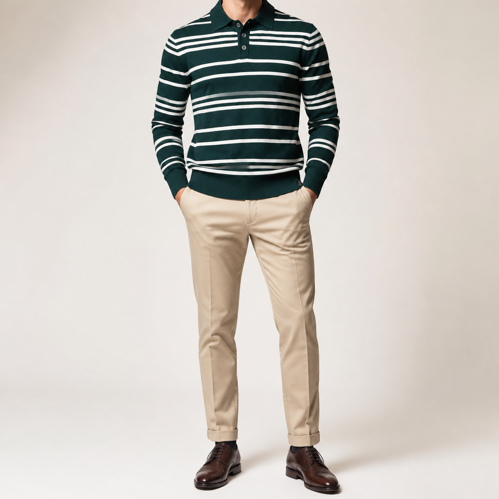 Everett | Mens Striped Polo Knitted Jumper, Dark Green