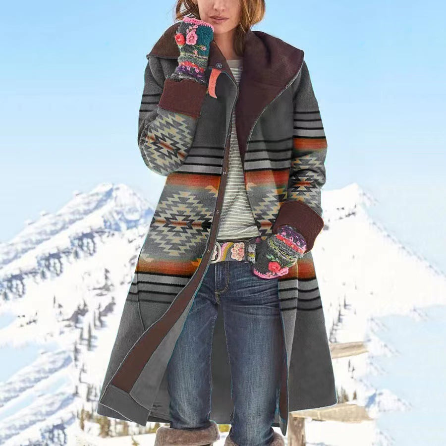 Farrah | Womens Printed Faux Fur Collar Long Wool Coat - 1
