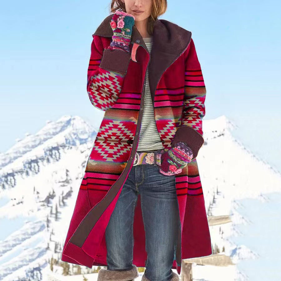Farrah | Womens Printed Faux Fur Collar Long Wool Coat - 5