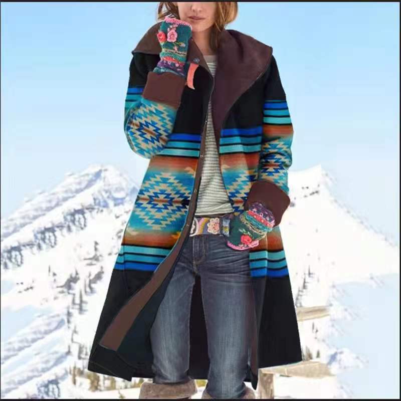 Farrah | Womens Printed Faux Fur Collar Long Wool Coat - 7