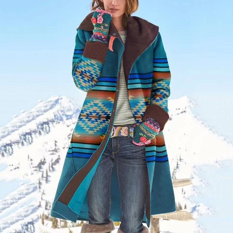 Farrah | Womens Printed Faux Fur Collar Long Wool Coat - 8