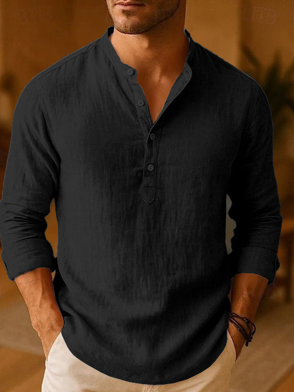 Faye | Mens Cotton Linen Long Sleeve Stand Collar Shirt - 3