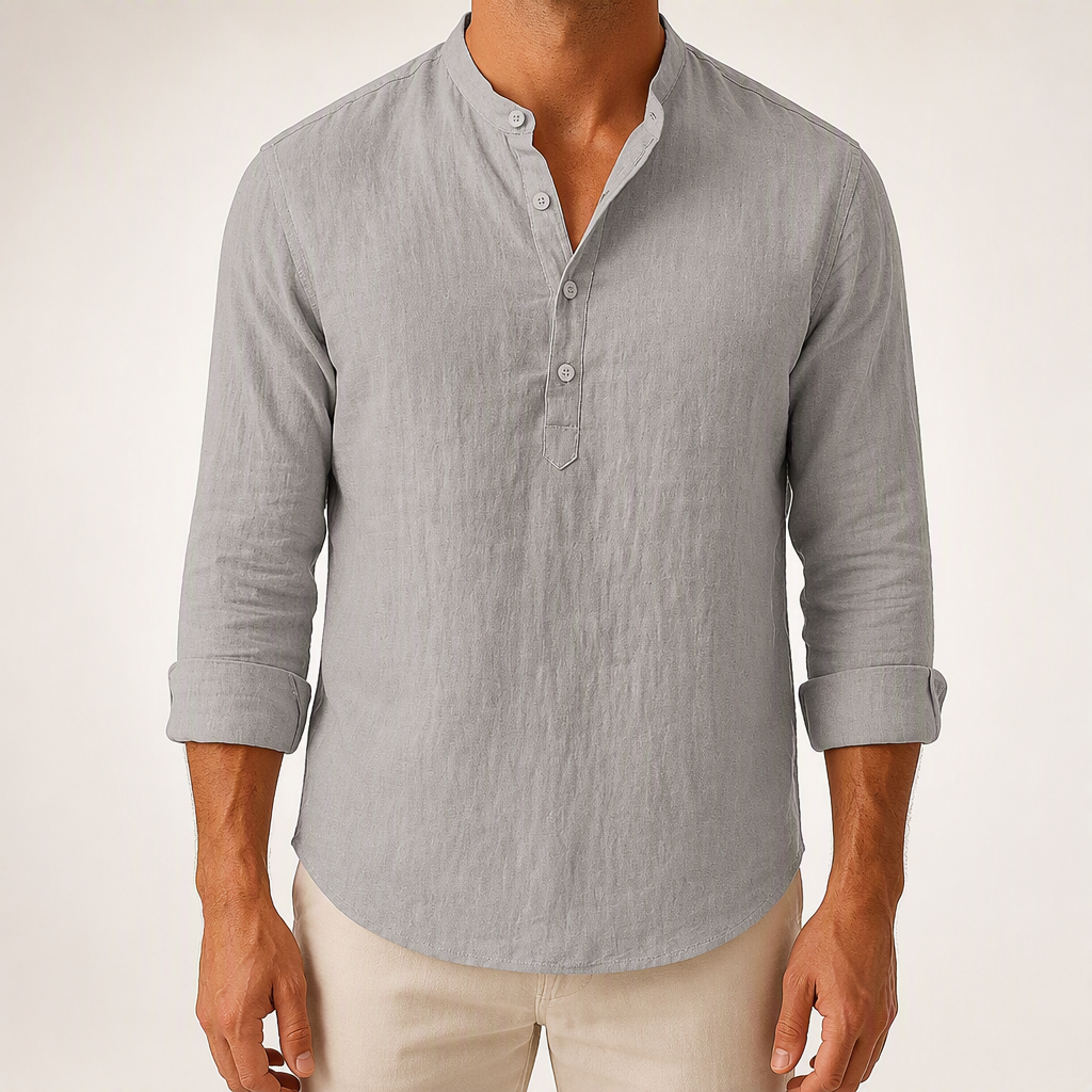 Faye | Mens Cotton Linen Long Sleeve Stand Collar Shirt, Grey