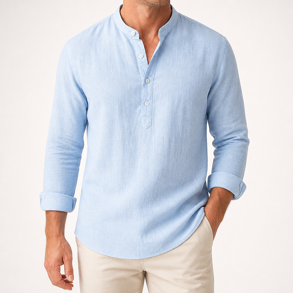 Faye | Mens Cotton Linen Long Sleeve Stand Collar Shirt, Light Blue