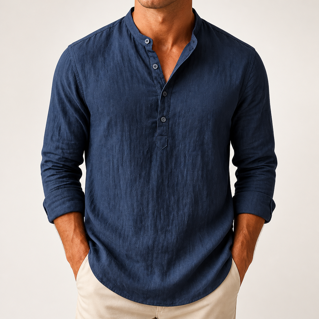 Faye | Mens Cotton Linen Long Sleeve Stand Collar Shirt, Navy Blue