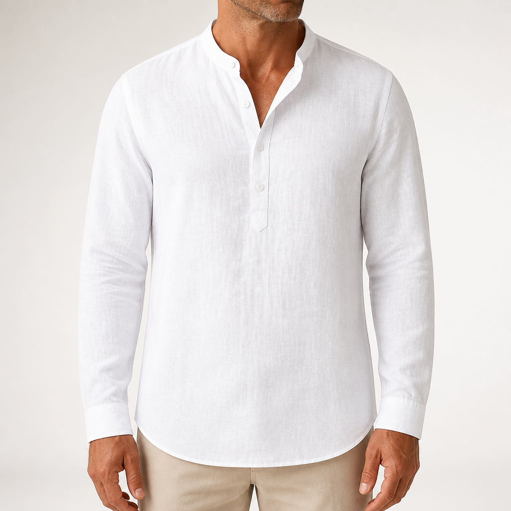 Faye | Mens Cotton Linen Long Sleeve Stand Collar Shirt, White