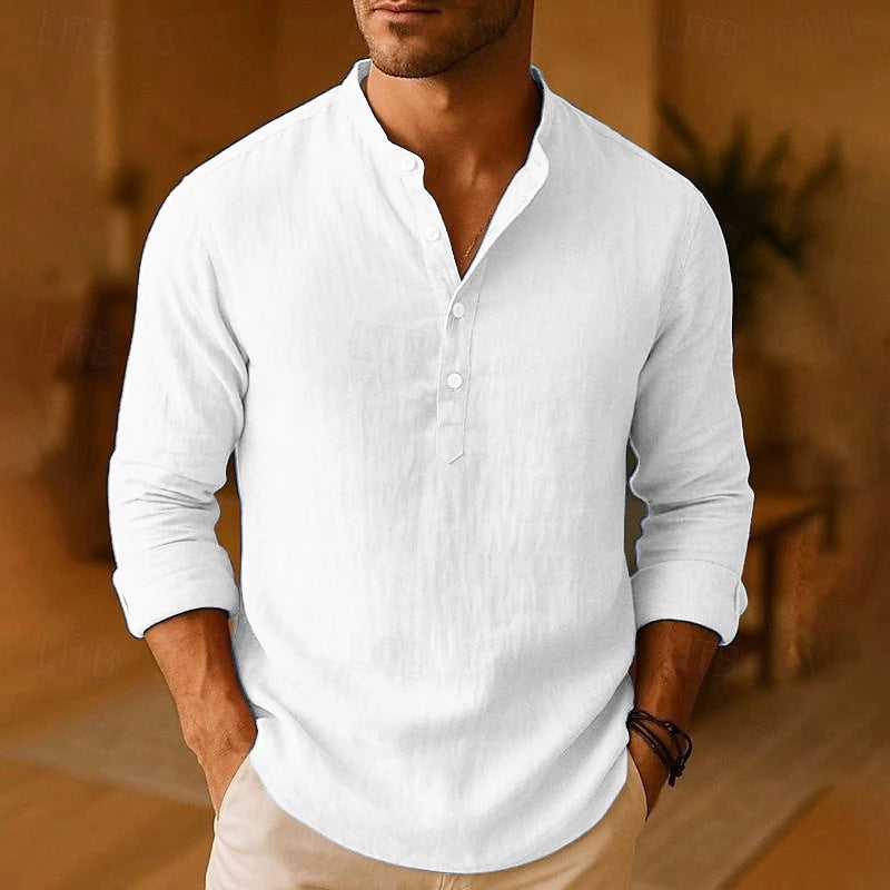 Faye | Mens Cotton Linen Long Sleeve Stand Collar Shirt - White
