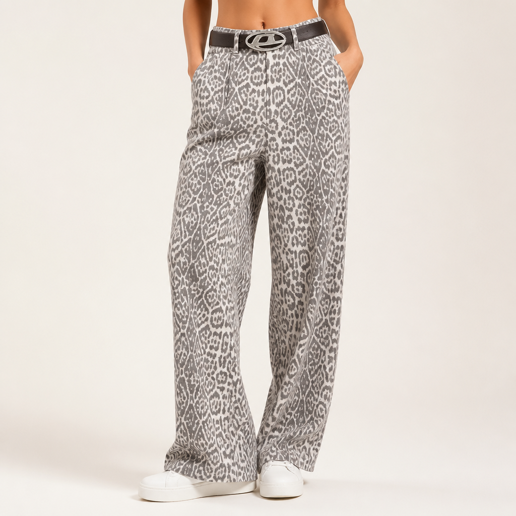 Fedra | Womens Straight Leg Jeans Leopard Print High Waisted Wide Leg Denim, Leopard