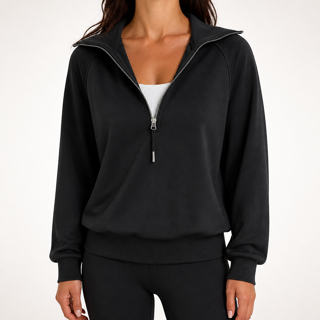 Fenella | Womens Yoga Top Long Sleeve Half Zip Stand Collar Running Fitness Top, Black
