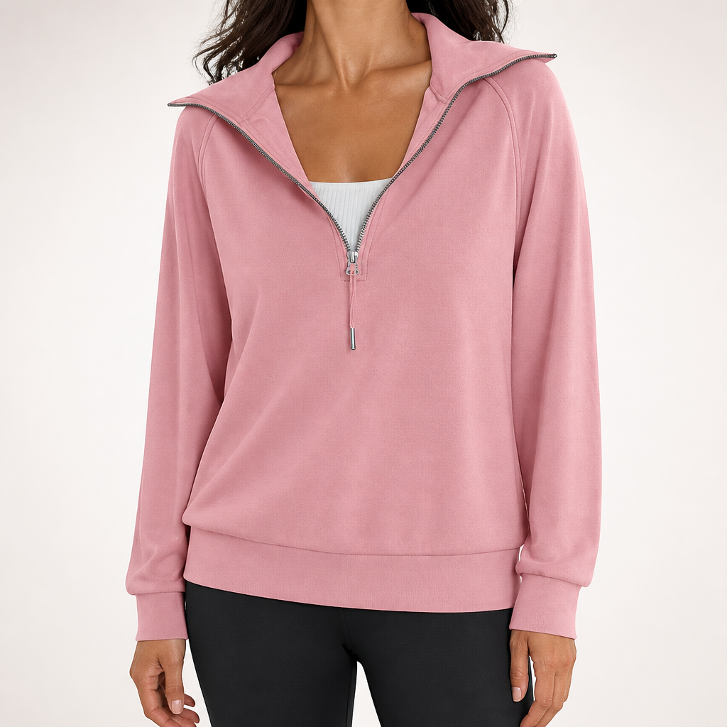Fenella | Womens Yoga Top Long Sleeve Half Zip Stand Collar Running Fitness Top, Pink