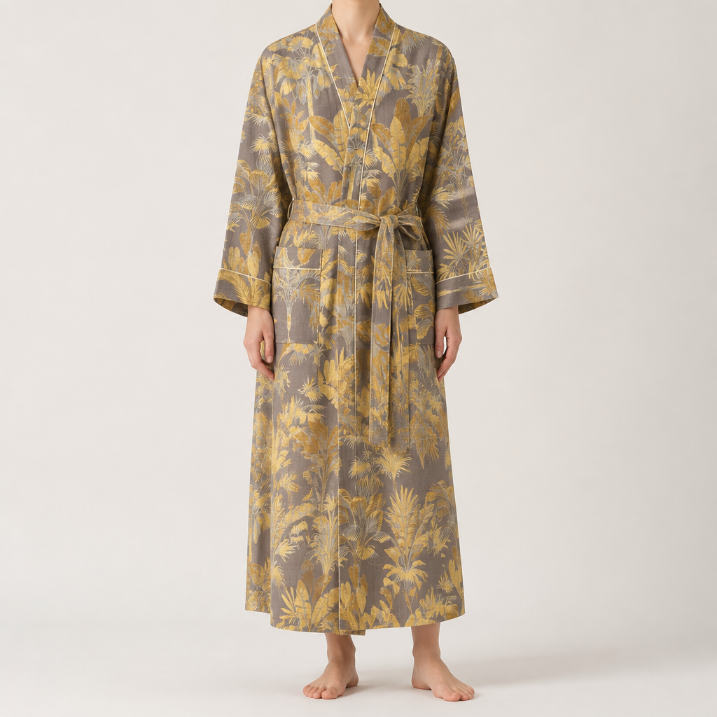 Fern | Womens Dressing Gown Cotton Kimono Bathrobe Robe, Design 2