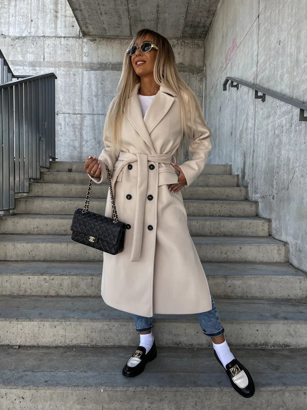 Fern | Womens Longline Lapel Winter Coat, Apricot