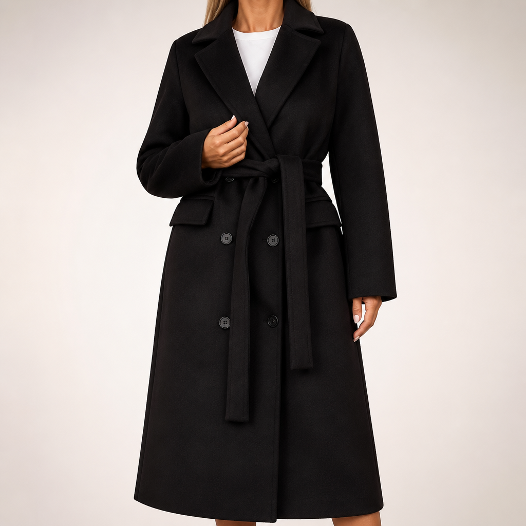 Fern | Womens Longline Lapel Winter Black Wool Coat, Black